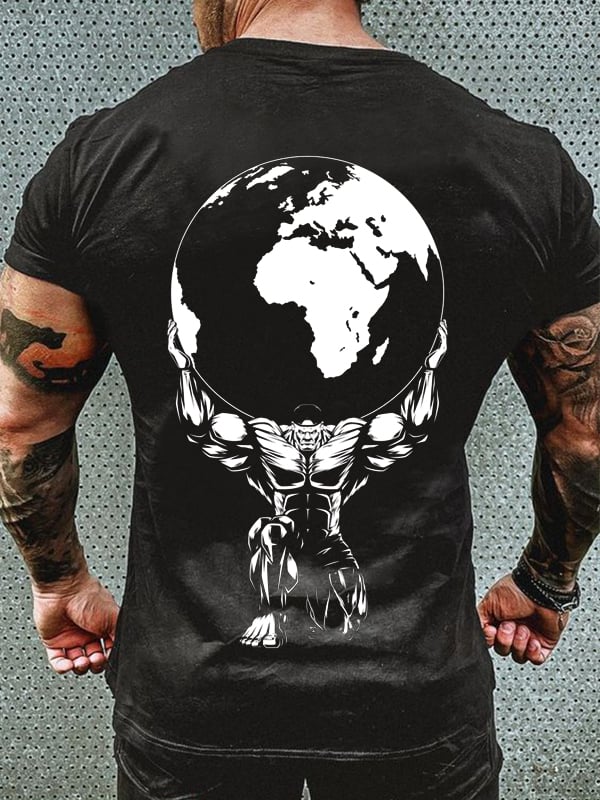 MUSCLE WARRIOR LIFTING EARTH PRINT MEN'S CASUAL T-SHIRT