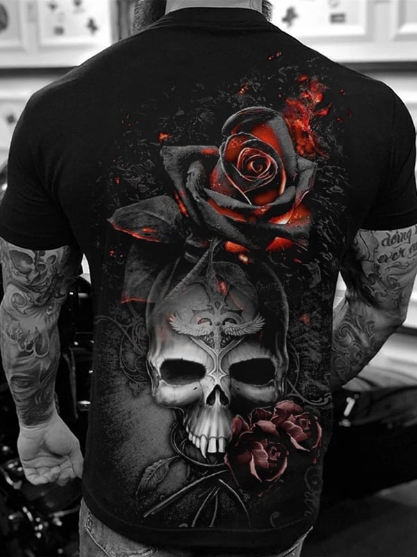 MEN'S TAILORED SKULL AND ROSE PRINT CASUAL T-SHIRT