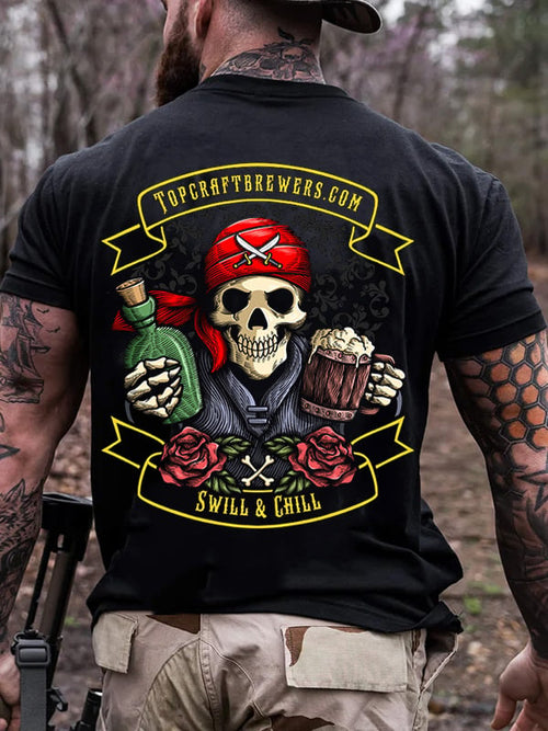 BEER PIRATE PRINT MEN'S CASUAL T-SHIRT