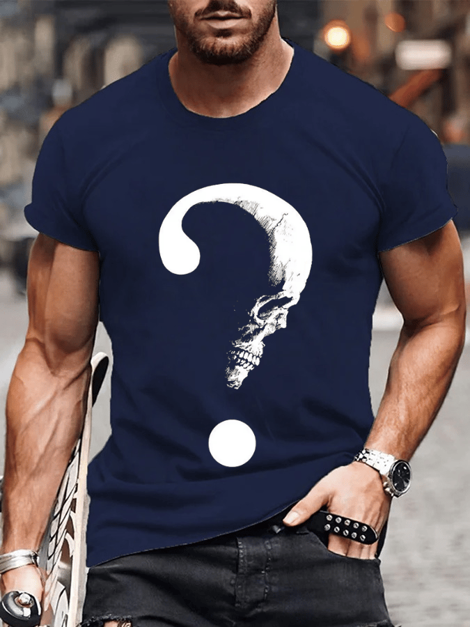 SKULL AND QUESTION MARK PRINT CASUAL MEN'S T-SHIRT
