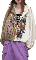 Women's Color Block Graphic Windbreaker Hooded Zipper