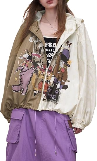 Women's Color Block Graphic Windbreaker Hooded Zipper