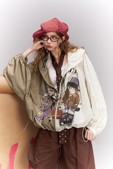 Women's Color Block Graphic Windbreaker Hooded Zipper