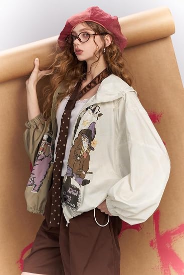 Women's Color Block Graphic Windbreaker Hooded Zipper