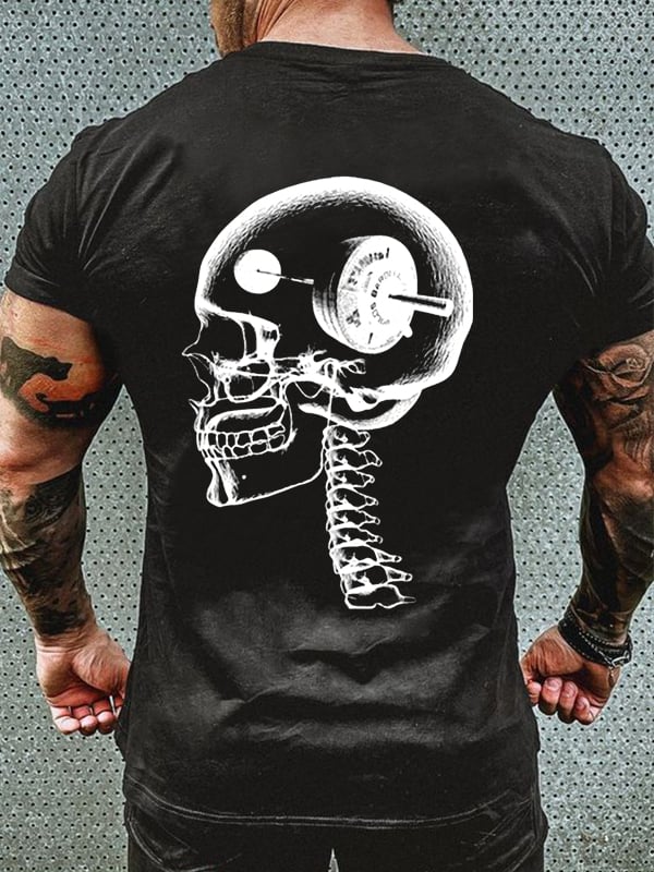 SKULL AND DUMBBELL PRINT MEN'S CASUAL T-SHIRT