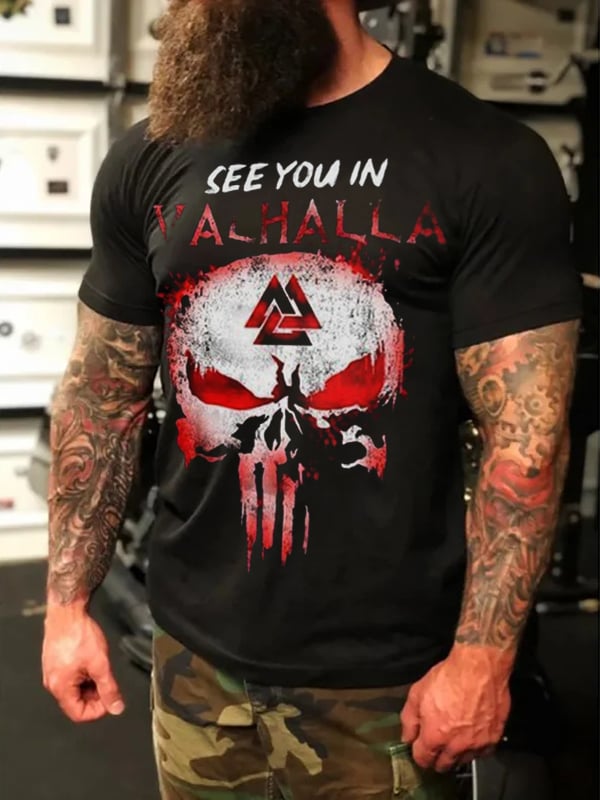 VIKING SEE YOU IN VALHALLA THE PUNISHER SKULL PRINT MEN'S SHORT SLEEVE T-SHIRT