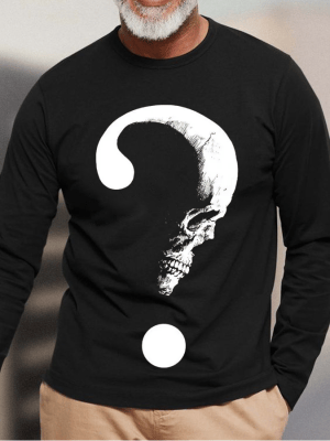 SKULL AND QUESTION MARK PRINT CASUAL MEN'S T-SHIRT