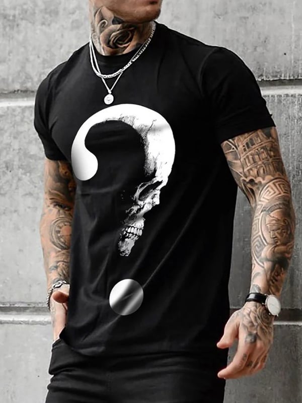 SKULL AND QUESTION MARK PRINT CASUAL MEN'S T-SHIRT