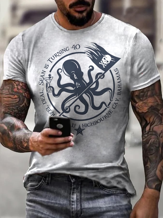 PIRATE OCTOPUS  PRINT MEN'S CASUAL T-SHIRT