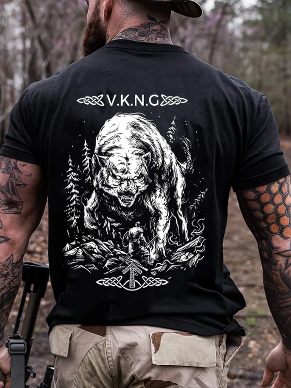 VIKING VS WILD WOLF PRINT MEN'S CASUAL T-SHIRT